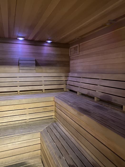 Dry cedar sauna heated to 180 degrees.